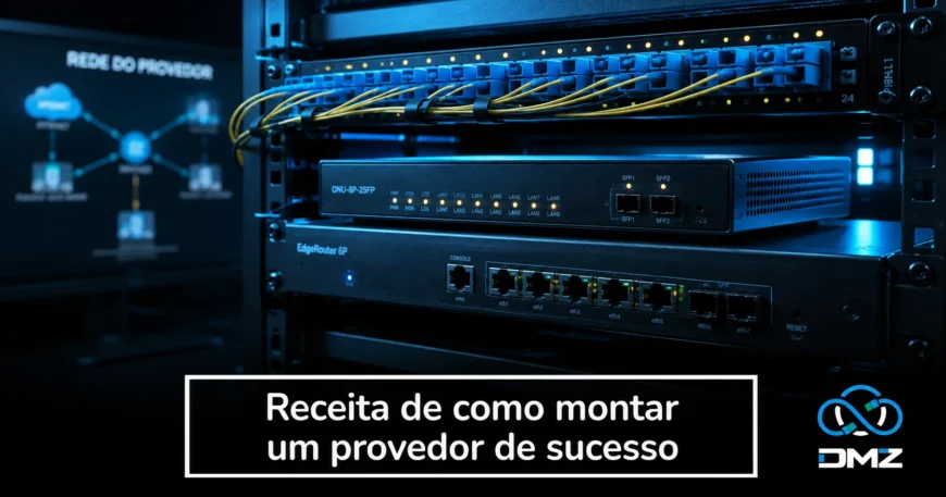 Rack de rede com conexões de fibra e o título Receita de como montar um provedor de sucesso.